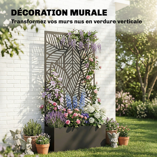Jardinière avec treillis, bac à fleurs, lit surélevé avec brise-vue, pour plantes grimpantes, légumes, métal, intérieur et extérieur, 90 x 30 x 170 cm, noir