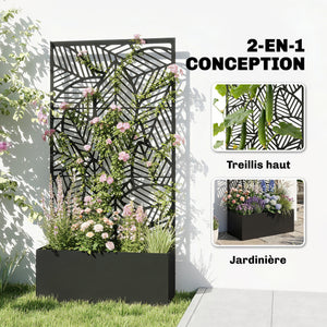 Jardinière avec treillis, bac à fleurs, lit surélevé avec brise-vue, pour plantes grimpantes, légumes, métal, intérieur et extérieur, 90 x 30 x 170 cm, noir