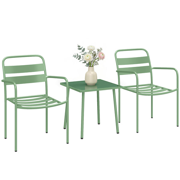 Ensemble Bistrot de Jardin 3 Pièces - Table Basse en Verre Trempé et 2 Chaises à Lattes, Cadre en Acier Galvanisé Antirouille - Mobilier de Jardin, Balcon et Terrasse Chic, Vert