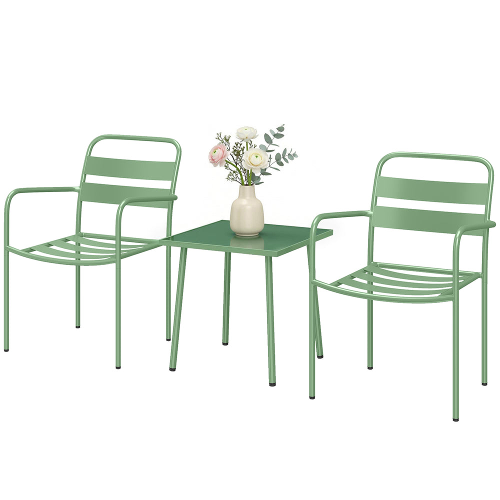 Ensemble Bistrot de Jardin 3 Pièces - Table Basse en Verre Trempé et 2 Chaises à Lattes, Cadre en Acier Galvanisé Antirouille - Mobilier de Jardin, Balcon et Terrasse Chic, Vert
