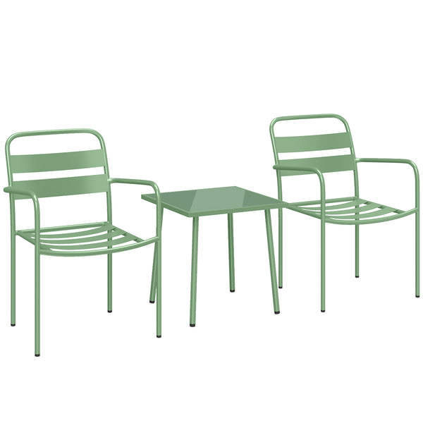 Ensemble Bistrot de Jardin 3 Pièces - Table Basse en Verre Trempé et 2 Chaises à Lattes, Cadre en Acier Galvanisé Antirouille - Mobilier de Jardin, Balcon et Terrasse Chic, Vert