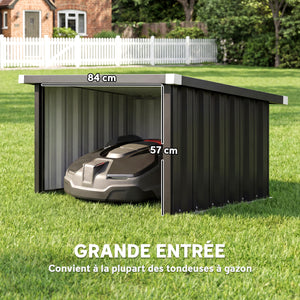 Abri Robot Tondeuse 108 x 86 x 62,5 cm, Garage pour Robot Tondeuse avec Toit Incliné en Acier Galvanisé, pour Tondeuse Robot, Montage Facile, Gris Foncé