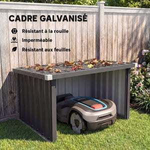 Abri Robot Tondeuse 108 x 86 x 62,5 cm, Garage pour Robot Tondeuse avec Toit Incliné en Acier Galvanisé, pour Tondeuse Robot, Montage Facile, Gris Foncé