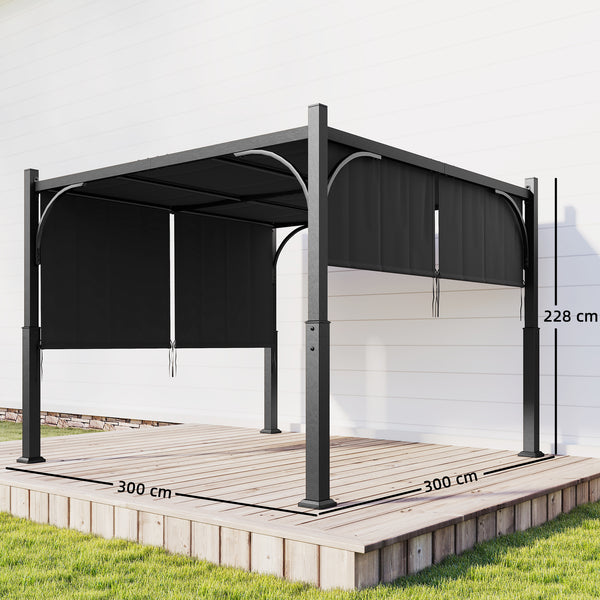 Pergola de jardin 3 x 3 m, tonnelle de jardin avec Auvent coulissant, structure métallique, abri solaire extérieur pour terrasse ou balcon, Gris Foncé
