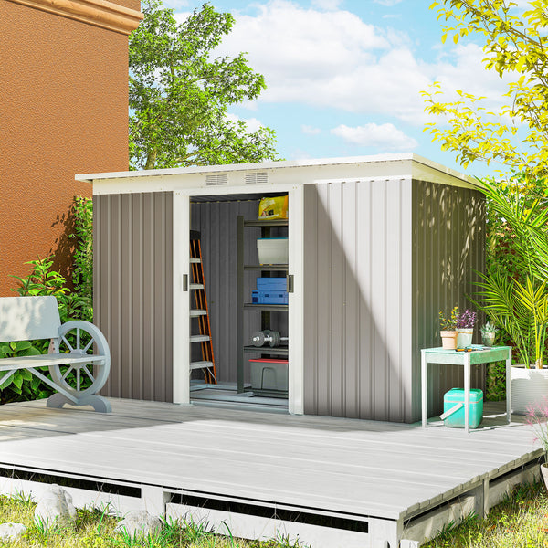 Abri de jardin en acier galvanisé XXL 3,6 m² avec kit de fondation 280 x 130 x 172 cm, cabane de jardin cabanon rangement outils avec portes coulissantes verrouillables aérations, gris clair
