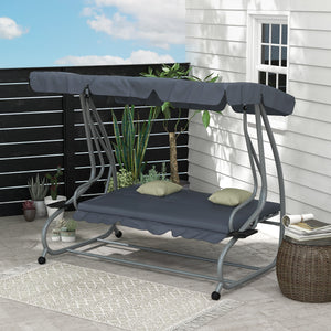 Balancelle de Jardin 3 Places Convertible Toit Inclinaison réglable 2 tablettes Support 2L x 1,2l x 1,64H m métal époxy Noir Polyester Gris