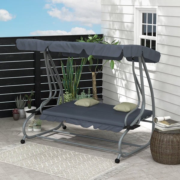 Balancelle de Jardin 3 Places Convertible Toit Inclinaison réglable 2 tablettes Support 2L x 1,2l x 1,64H m métal époxy Noir Polyester Gris