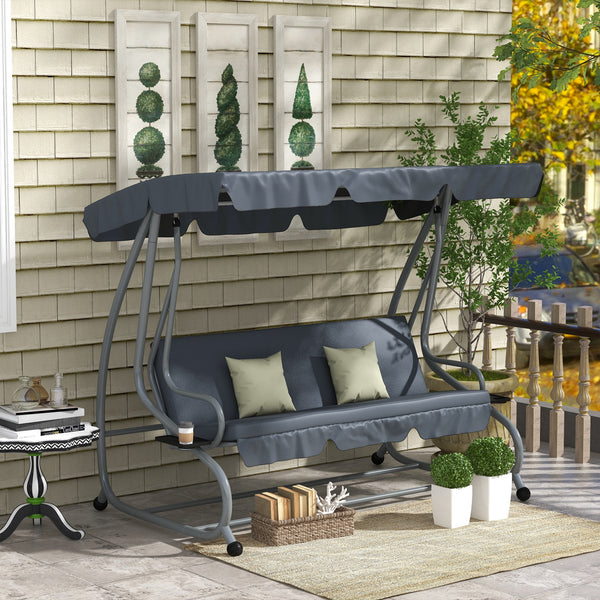 Balancelle de Jardin 3 Places Convertible Toit Inclinaison réglable 2 tablettes Support 2L x 1,2l x 1,64H m métal époxy Noir Polyester Gris