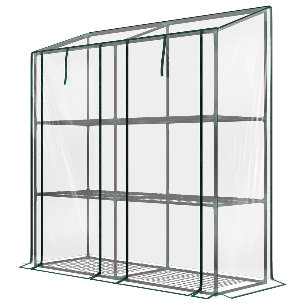 Serre de jardin PE avec étagères 3 niveaux, serre de balcon, bâche renforcée 140 g/m², châssis en acier, 2 portes zippées enroulables, pour légumes plantes fleurs, 143x46x51cm, transparent