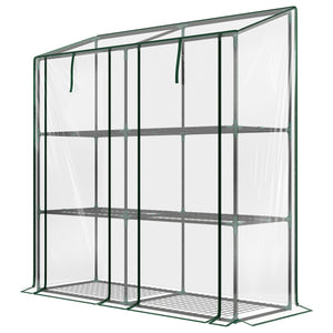 Serre de jardin PE avec étagères 3 niveaux, serre de balcon, bâche renforcée 140 g/m², châssis en acier, 2 portes zippées enroulables, pour légumes plantes fleurs, 143x46x51cm, transparent