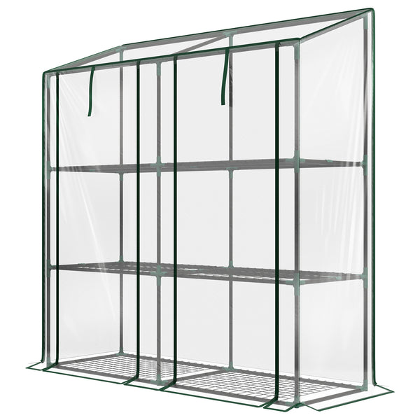 Serre de jardin PE avec étagères 3 niveaux, serre de balcon, bâche renforcée 140 g/m², châssis en acier, 2 portes zippées enroulables, pour légumes plantes fleurs, 143x46x51cm, transparent