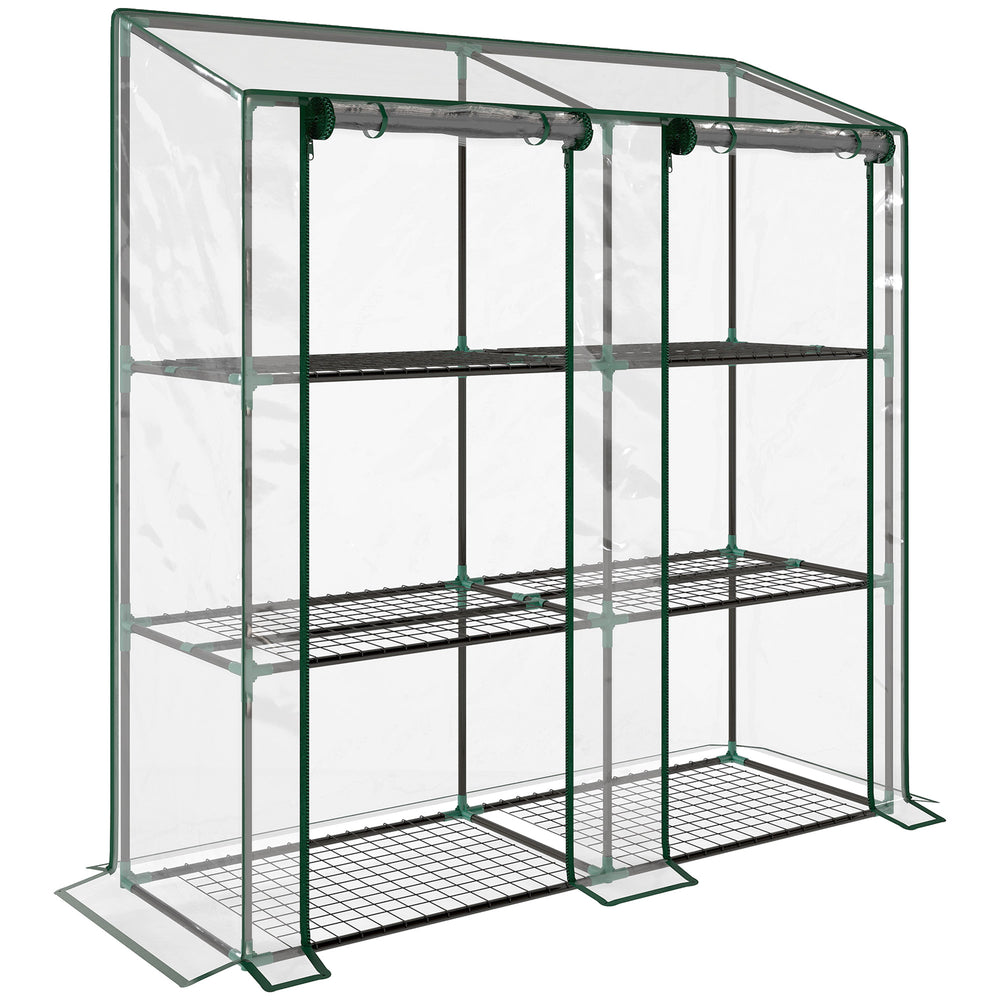 Serre de jardin PE avec étagères 3 niveaux, serre de balcon, bâche renforcée 140 g/m², châssis en acier, 2 portes zippées enroulables, pour légumes plantes fleurs, 143x46x51cm, transparent
