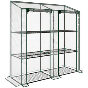Serre de jardin PE avec étagères 3 niveaux, serre de balcon, bâche renforcée 140 g/m², châssis en acier, 2 portes zippées enroulables, pour légumes plantes fleurs, 143x46x51cm, transparent