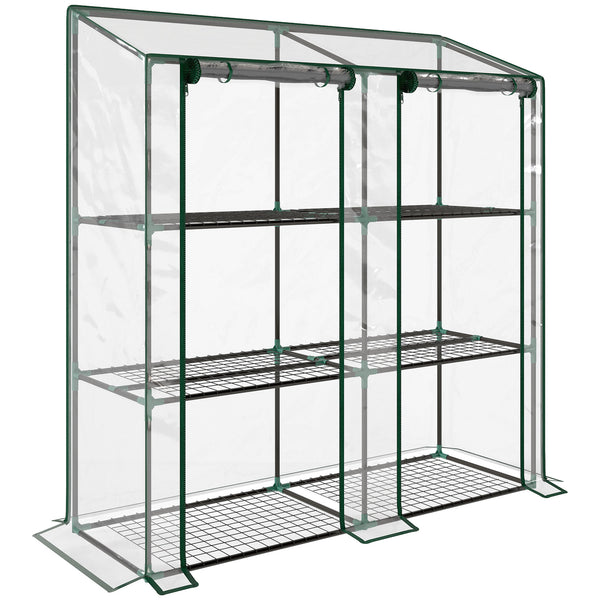 Serre de jardin PE avec étagères 3 niveaux, serre de balcon, bâche renforcée 140 g/m², châssis en acier, 2 portes zippées enroulables, pour légumes plantes fleurs, 143x46x51cm, transparent