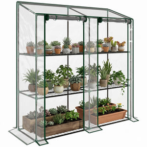 Serre de jardin PE avec étagères 3 niveaux, serre de balcon, bâche renforcée 140 g/m², châssis en acier, 2 portes zippées enroulables, pour légumes plantes fleurs, 143x46x51cm, transparent