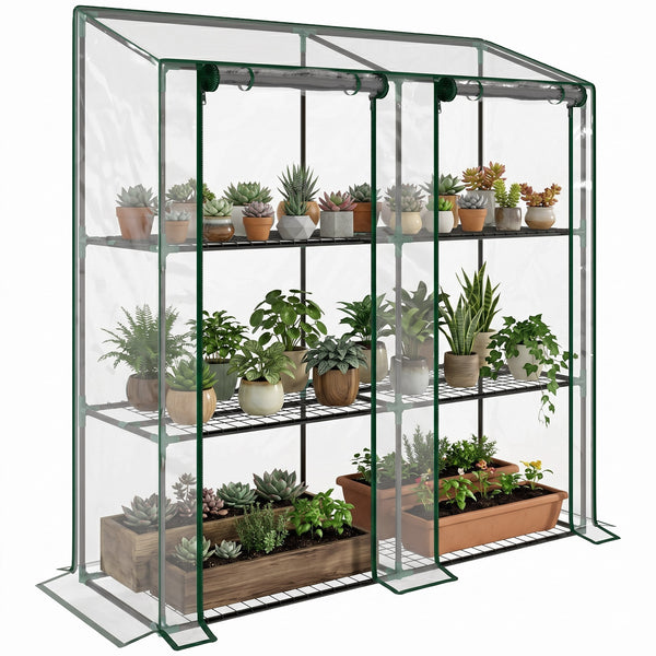 Serre de jardin PE avec étagères 3 niveaux, serre de balcon, bâche renforcée 140 g/m², châssis en acier, 2 portes zippées enroulables, pour légumes plantes fleurs, 143x46x51cm, transparent