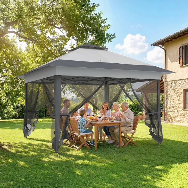 Tonnelle de jardin extérieur tonnelle pliante 3,6x3,6m avec double toit acier polyester moustiquaires + sac de transport à roulettes gris