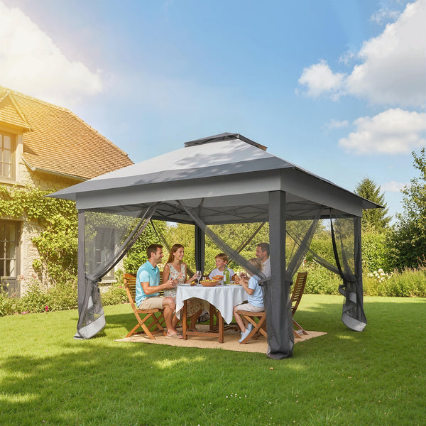 Tonnelle de jardin extérieur tonnelle pliante 3,6x3,6m avec double toit acier polyester moustiquaires + sac de transport à roulettes gris