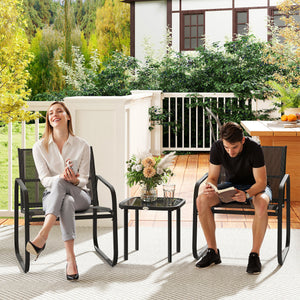 Ensemble bistrot de jardin 3 pièces, salon de jardin extérieur 2 personnes avec 2 chaises en maille et table basse en verre trempé, mobilier de jardin, terrasse, balcon, véranda, noir