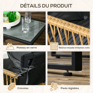 Salon de jardin extérieur 4 pièces mobilier de jardin canapé 2 places 2 fauteuils et 1 table basse plateau verre trempé 3 coussins acier et résine tressée - gris