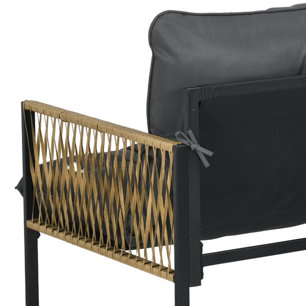 Salon de jardin extérieur 4 pièces mobilier de jardin canapé 2 places 2 fauteuils et 1 table basse plateau verre trempé 3 coussins acier et résine tressée - gris