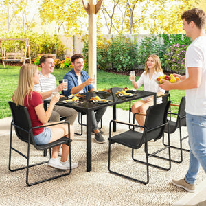 Ensemble de Salle à Manger d'Extérieur 7 Pièces pour 6 Personnes, Table en Verre et Chaises avec Accoudoirs Décoratifs, Mobilier de Jardin en Acier pour Terrasse et Jardin, Noir