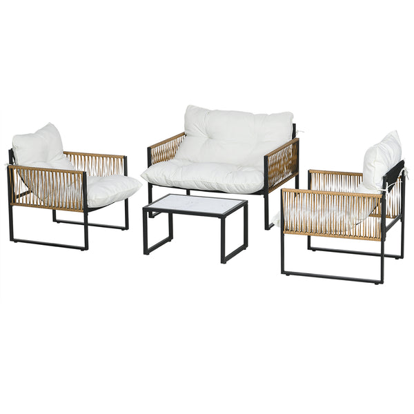 Salon de jardin extérieur 4 pièces mobilier de jardin canapé 2 places 2 fauteuils et 1 table basse plateau verre trempé 3 coussins acier et résine tressée - crème