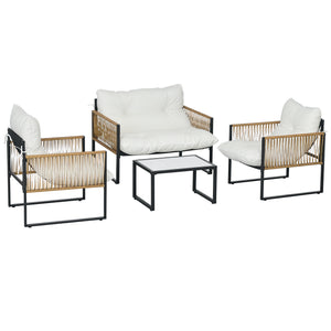 Salon de jardin extérieur 4 pièces mobilier de jardin canapé 2 places 2 fauteuils et 1 table basse plateau verre trempé 3 coussins acier et résine tressée - crème