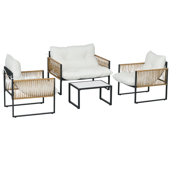 Salon de jardin extérieur 4 pièces mobilier de jardin canapé 2 places 2 fauteuils et 1 table basse plateau verre trempé 3 coussins acier et résine tressée - crème