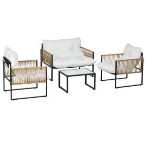 Salon de jardin extérieur 4 pièces mobilier de jardin canapé 2 places 2 fauteuils et 1 table basse plateau verre trempé 3 coussins acier et résine tressée - crème