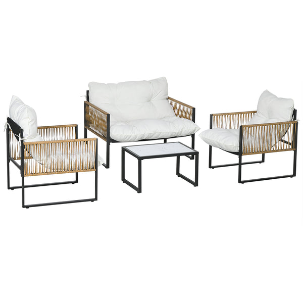 Salon de jardin extérieur 4 pièces mobilier de jardin canapé 2 places 2 fauteuils et 1 table basse plateau verre trempé 3 coussins acier et résine tressée - crème