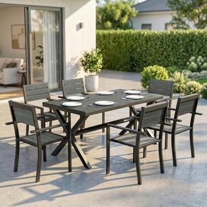 Salon de Jardin 7 Pièces, Ensemble Table et Chaises en Aluminium pour 6, Table Extérieure avec Lattes Effet Bois et Chaises Empilables, Gris