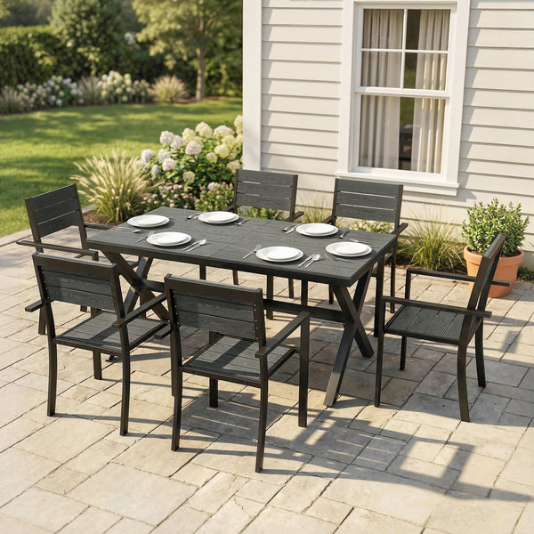 Salon de Jardin 7 Pièces, Ensemble Table et Chaises en Aluminium pour 6, Table Extérieure avec Lattes Effet Bois et Chaises Empilables, Gris