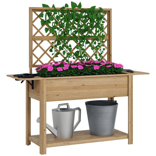 Jardinière rectangulaire sur pieds - potager surélevé avec treillis - 2 tablettes latérales rabattables et 1 étagère inférieure - bois  dim. 140L x 45D x 151H cm