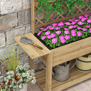 Jardinière rectangulaire sur pieds - potager surélevé avec treillis - 2 tablettes latérales rabattables et 1 étagère inférieure - bois  dim. 140L x 45D x 151H cm