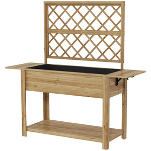 Jardinière rectangulaire sur pieds - potager surélevé avec treillis - 2 tablettes latérales rabattables et 1 étagère inférieure - bois  dim. 140L x 45D x 151H cm