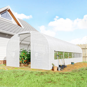 Serre tunnel de jardin 24m², serre de jardin tunnel 295x798x198cm avec cadre en acier galvanisé, portes et 2 grandes fenêtres, bâche PE haute densité 140 g/m² prolongée de 20 cm, blanc