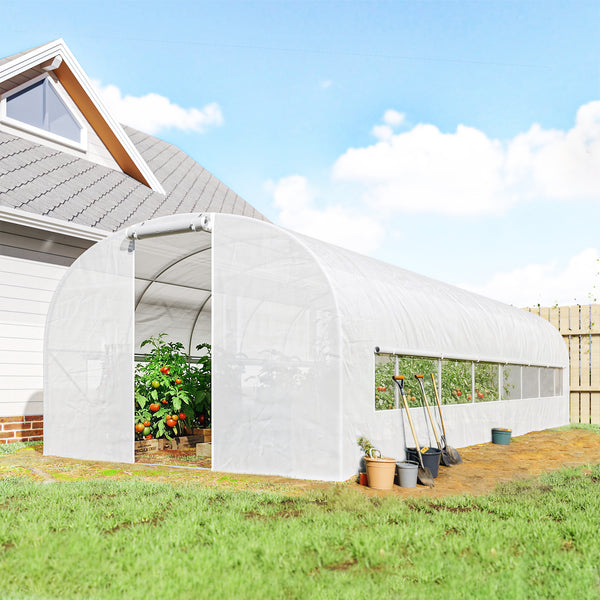 Serre tunnel de jardin 24m², serre de jardin tunnel 295x798x198cm avec cadre en acier galvanisé, portes et 2 grandes fenêtres, bâche PE haute densité 140 g/m² prolongée de 20 cm, blanc