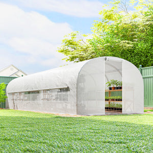 Serre tunnel de jardin 24m², serre de jardin tunnel 295x798x198cm avec cadre en acier galvanisé, portes et 2 grandes fenêtres, bâche PE haute densité 140 g/m² prolongée de 20 cm, blanc
