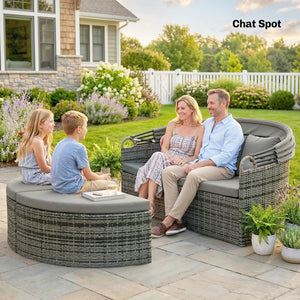 Bain de soleil rond, lit de jardin extérieur modulable 3 PSC en résine tressée avec auvent rétractable, coussins et oreillers, chaise longue relax pour piscine, terrasse, véranda, gris clair