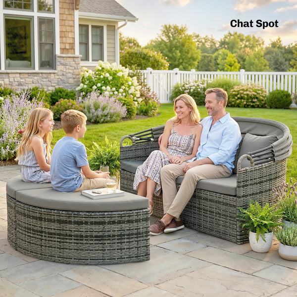 Bain de soleil rond, lit de jardin extérieur modulable 3 PSC en résine tressée avec auvent rétractable, coussins et oreillers, chaise longue relax pour piscine, terrasse, véranda, gris clair
