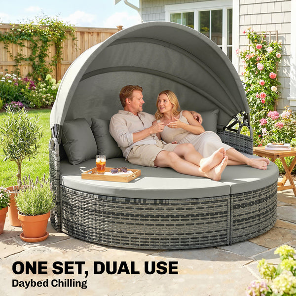 Bain de soleil rond, lit de jardin extérieur modulable 3 PSC en résine tressée avec auvent rétractable, coussins et oreillers, chaise longue relax pour piscine, terrasse, véranda, gris clair