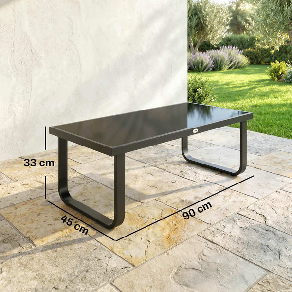 Table Basse de Jardin Rectangulaire, Pieds Incurvés, Plateau en Verre Trempé, Table d'Appoint pour Terrasse Balcon Jardin, 90x45x33cm, Noir