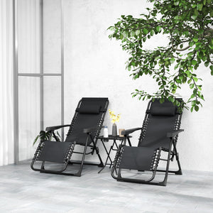 Lot de 2 chaise longue gravité zéro - ensemble transat 3 pièces avec table d'appoint et porte-gobelets - bain de soleil pliable, dossier réglable et appui-tête pour terrasse, piscine, noir