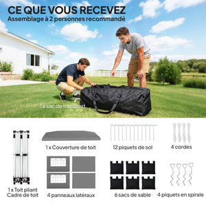 Tonnelle de jardin 3 x 6 m pop up tente pliante réglable en hauteur imperméable protection UV50+ tonnelle pliante avec 4 parois latérales 6 sacs de sable sac de transport montage facile gris