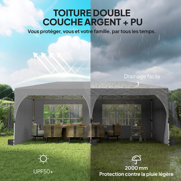 Tonnelle de jardin 3 x 6 m pop up tente pliante réglable en hauteur imperméable protection UV50+ tonnelle pliante avec 4 parois latérales 6 sacs de sable sac de transport montage facile gris