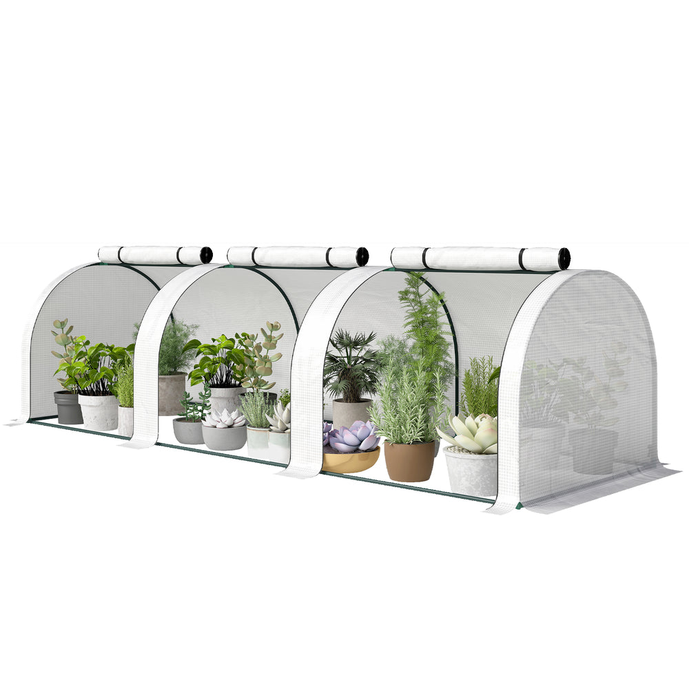 Mini Serre de Jardin Mini Serre Tunnel Serre à Tomates 3 x 1 x 0,8 m Acier Plastique Haute Densité Anti-UV 3 Portes avec Zip Enroulables Blanc