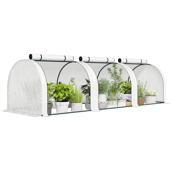 Mini Serre de Jardin Mini Serre Tunnel Serre à Tomates 3 x 1 x 0,8 m Acier Plastique Haute Densité Anti-UV 3 Portes avec Zip Enroulables Blanc