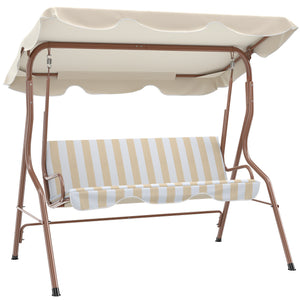 Balancelle de Jardin 3 Places Toit imperméabilisé Inclinaison réglable Coussins Assise Dossier 1,7L x 1,1l x 1,53H m Acier Polyester marron crème rayé