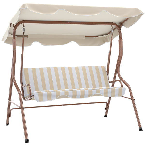 Balancelle de Jardin 3 Places Toit imperméabilisé Inclinaison réglable Coussins Assise Dossier 1,7L x 1,1l x 1,53H m Acier Polyester marron crème rayé